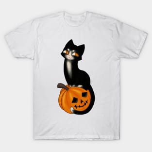 Halloween Black Cat sitting on a Pumpkin original print T-Shirt